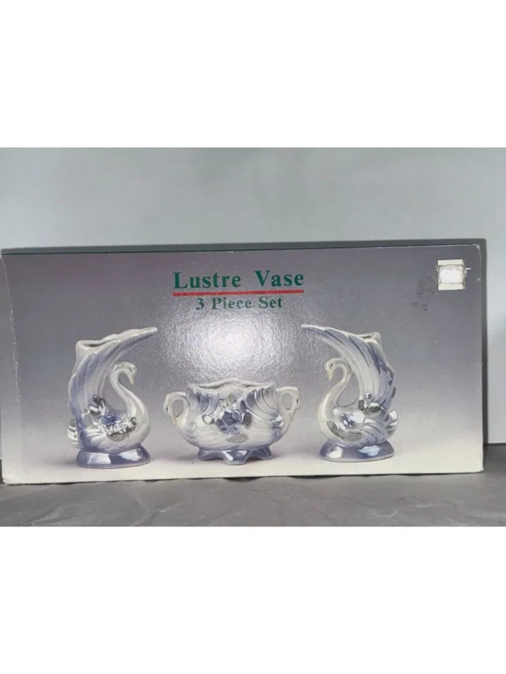 Lustre Vase 3-Piece Set Ceramic Swan Design Iridescent Finish Floral Detailing